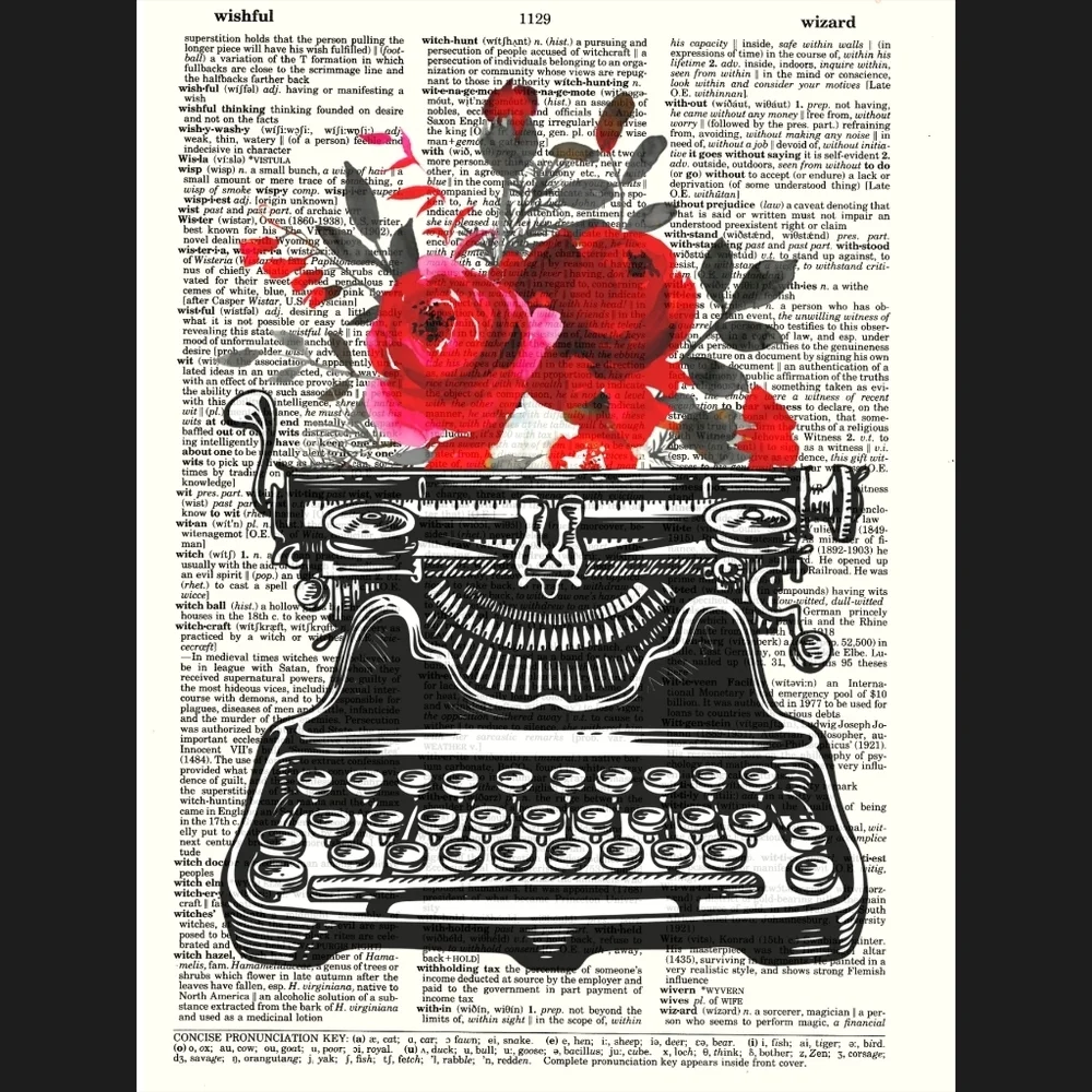 Elegant Red Rose Typewriter Dictionary Art Print